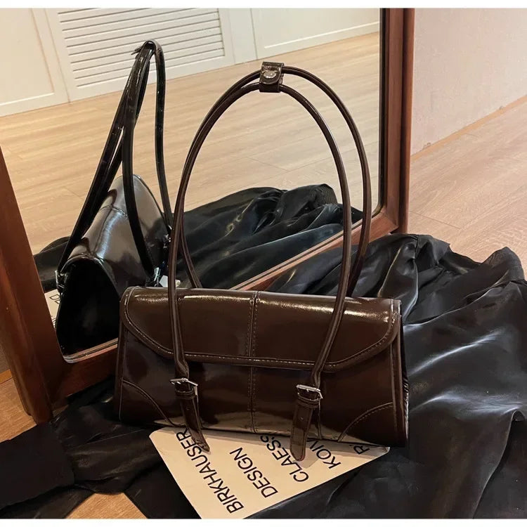 Retro cera de óleo couro bolsa ombro para as mulheres 2025 inverno y2k tendência cor sólida borgonha axilas bolsa feminina bolsas tote
