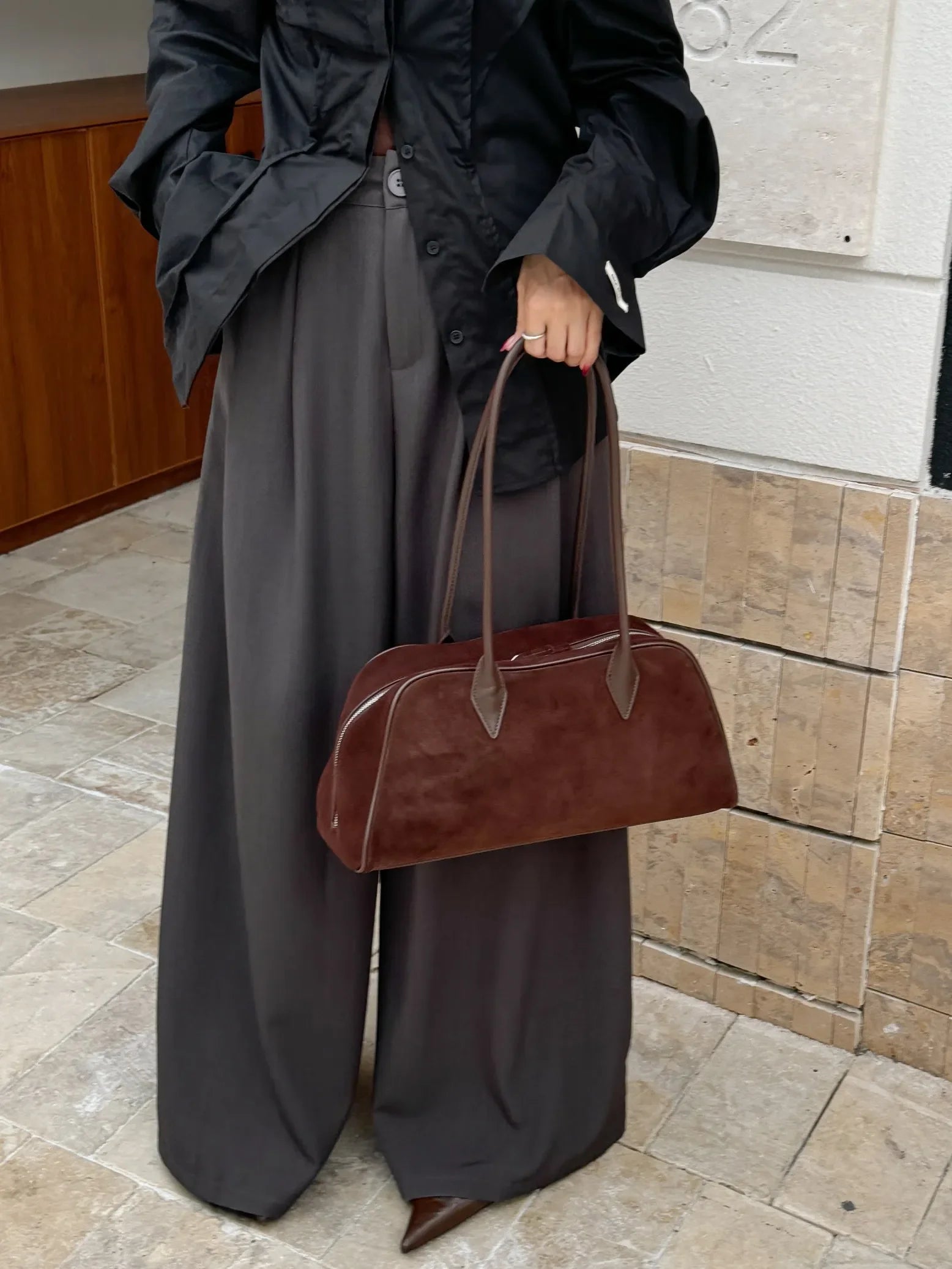 Camurça de couro grande capacidade boston axilas senhoras saco marrom moda feminina commuter boliche fosco bolsa ombro café vermelho
