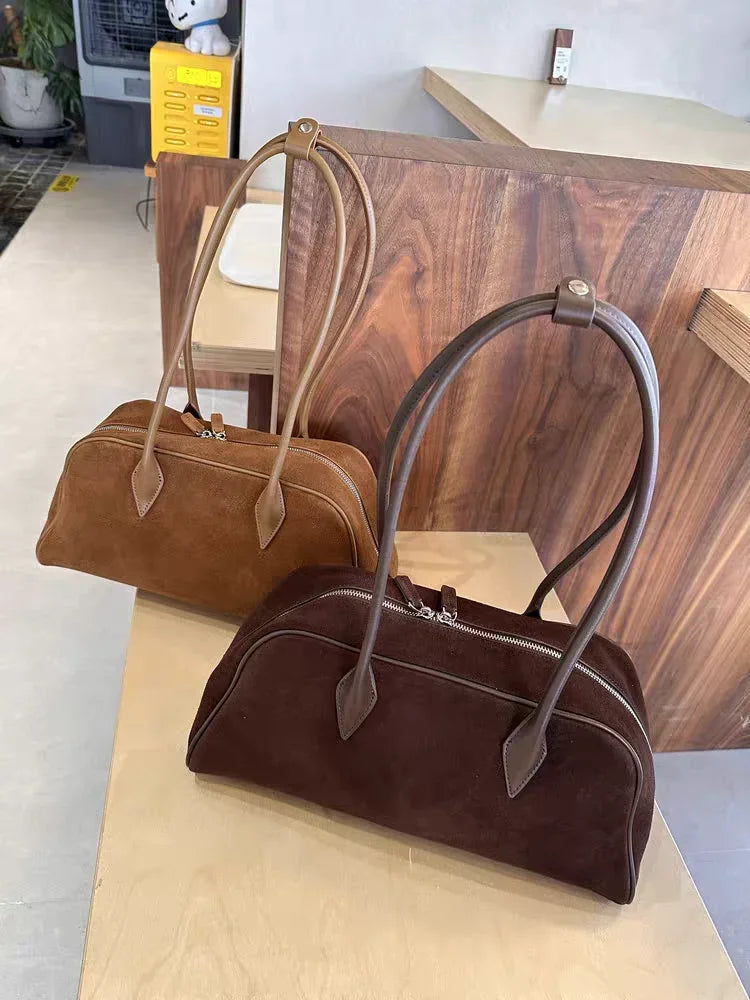 Camurça de couro grande capacidade boston axilas senhoras saco marrom moda feminina commuter boliche fosco bolsa ombro café vermelho