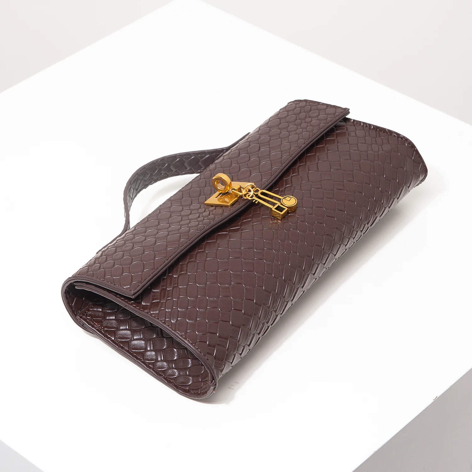 Baguette tecido de couro artificial retrô, embreagem feminina flip, bolsa de noite elegante, carteira borgonha, festa de vestido feminino, item de casamento (padrão aleatório)