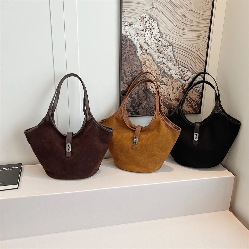 bolsa femimina bolsa grife luxo bolsa feminina elegante bolsas em promoção MOODS Mini Bucket Bolsas De Ombro Para As Mulheres Faux Suede Commuter Tote Bag Grande Capacidade Underarm Hobo Bag 2024 Inverno Novas Bolsas