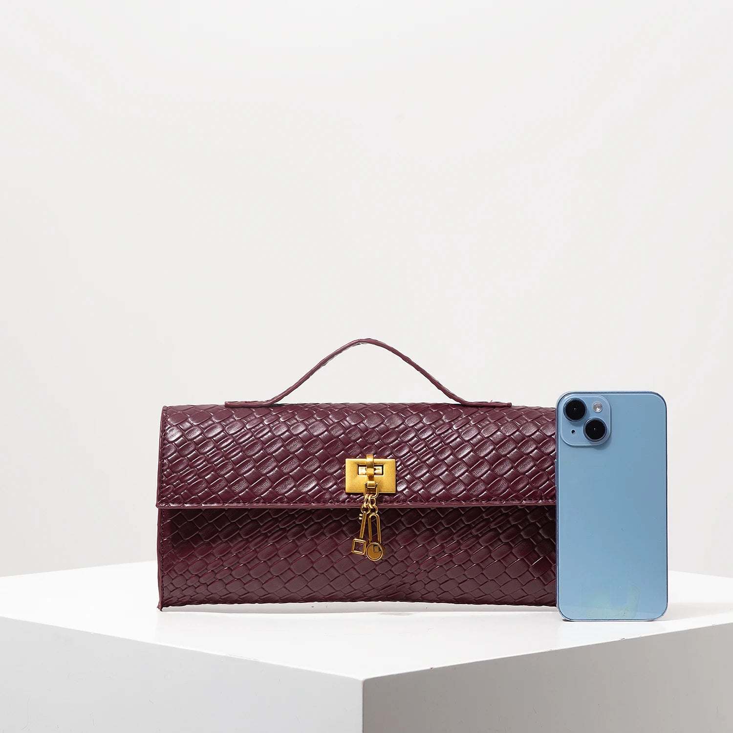 Baguette tecido de couro artificial retrô, embreagem feminina flip, bolsa de noite elegante, carteira borgonha, festa de vestido feminino, item de casamento (padrão aleatório)