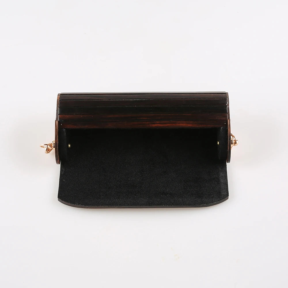 Mini bolsa de noite crossbody de madeira vintage, retro, original, artesanal, madeira preta dura de ébano, bolsa de ombro pequena