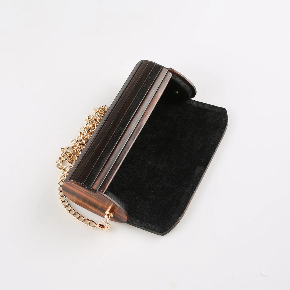 Mini bolsa de noite crossbody de madeira vintage, retro, original, artesanal, madeira preta dura de ébano, bolsa de ombro pequena