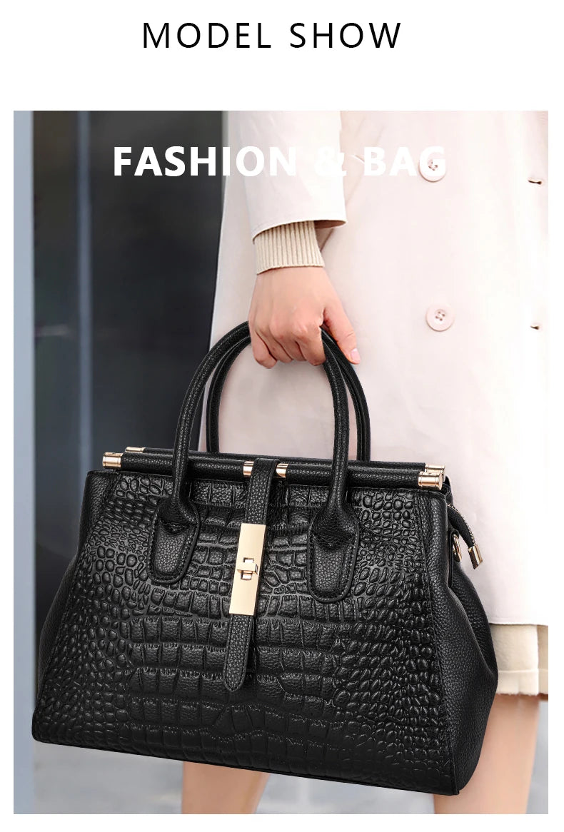 Bolsa feminina de couro genuíno Aidrani, bolsa de couro de vaca com padrão de crocodilo de grande capacidade, preta
