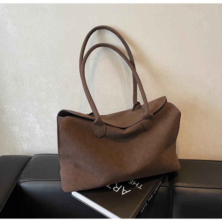 Bolsas clássicas de camurça falsa feminina, estilo inglês, bolsas de ombro elegantes, bolsas desenhadas monocromáticas, casuais, retrô, femininas