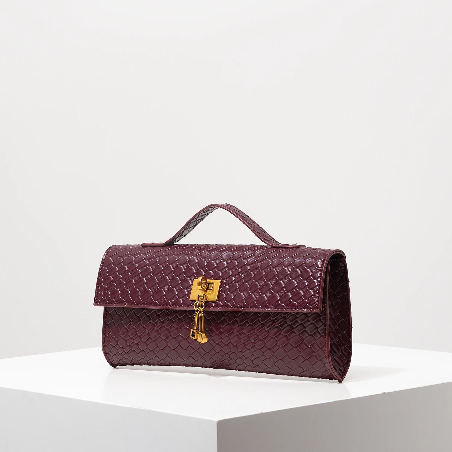 Baguette tecido de couro artificial retrô, embreagem feminina flip, bolsa de noite elegante, carteira borgonha, festa de vestido feminino, item de casamento (padrão aleatório)