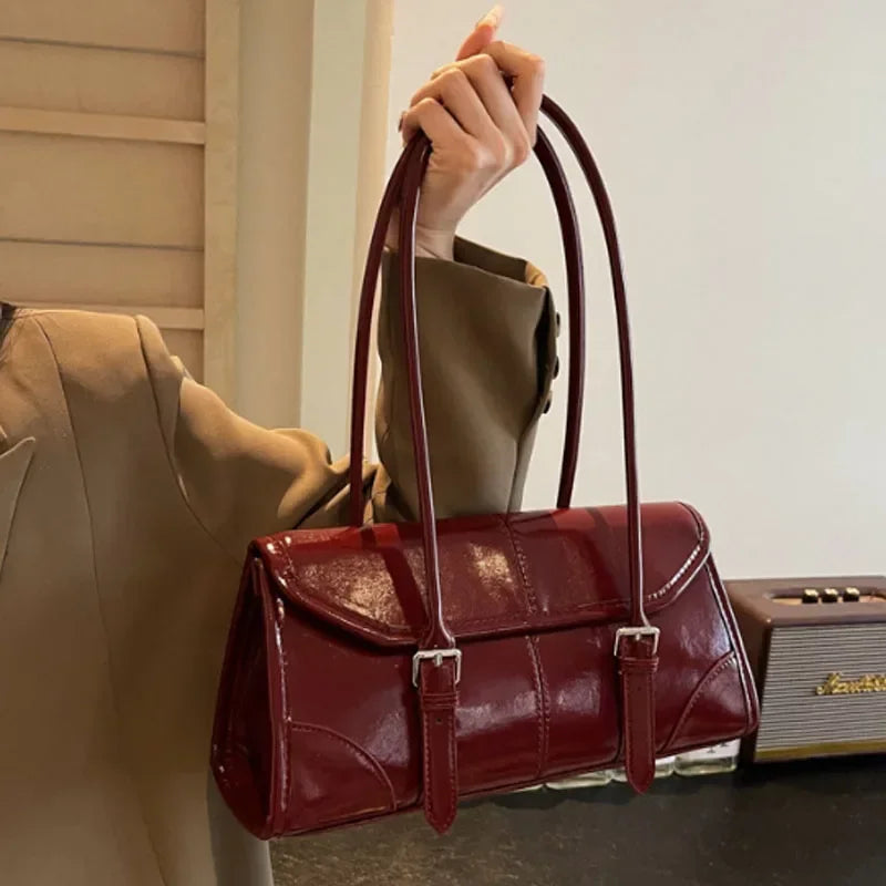Retro cera de óleo couro bolsa ombro para as mulheres 2025 inverno y2k tendência cor sólida borgonha axilas bolsa feminina bolsas tote