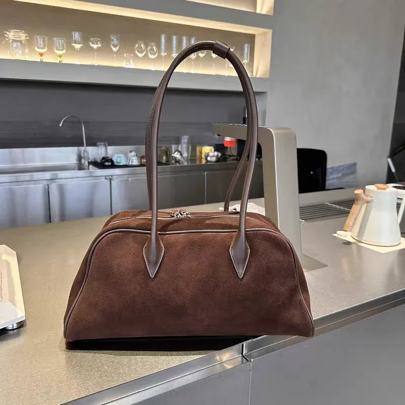 Camurça de couro grande capacidade boston axilas senhoras saco marrom moda feminina commuter boliche fosco bolsa ombro café vermelho