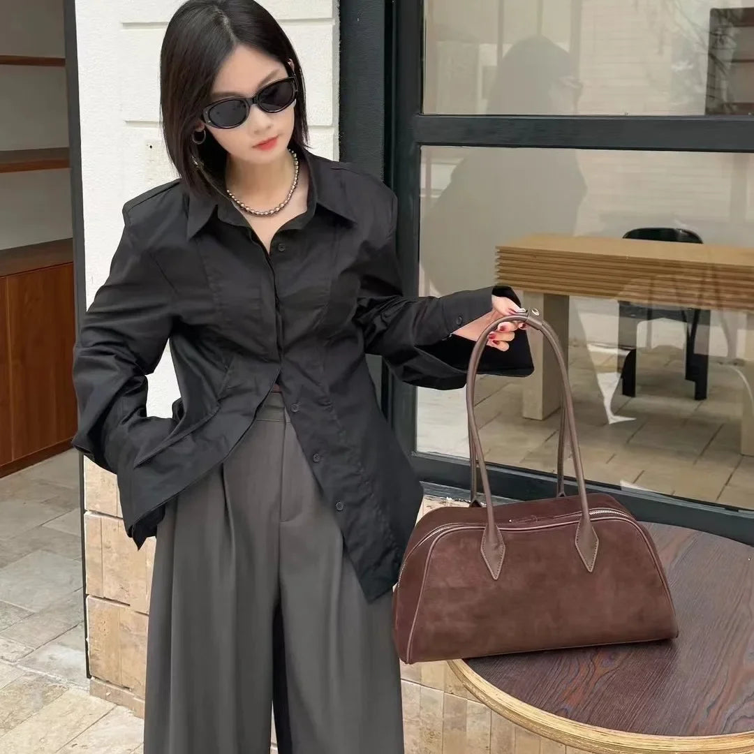Camurça de couro grande capacidade boston axilas senhoras saco marrom moda feminina commuter boliche fosco bolsa ombro café vermelho