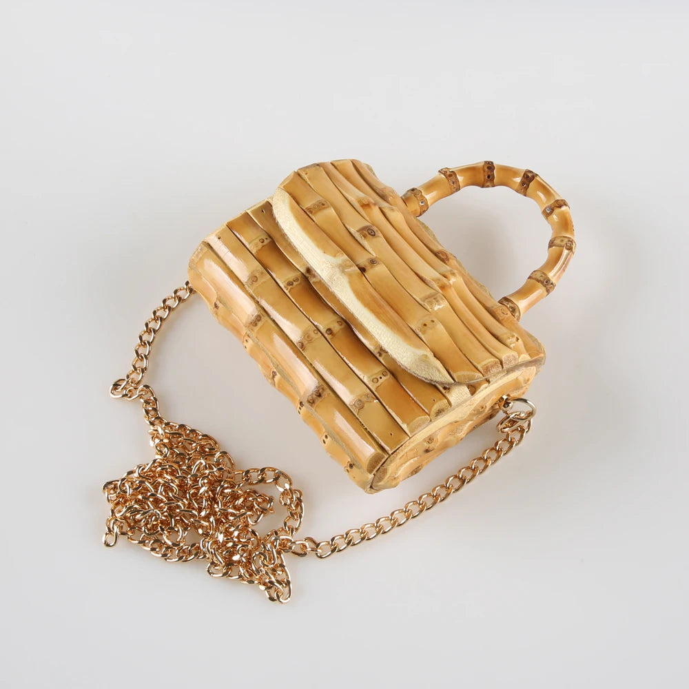 Corrente longa exclusiva artesanal de madeira natural rattan palha alça de raiz de bambu pequena mini bolsa de ombro mensageiro de corpo cruzado