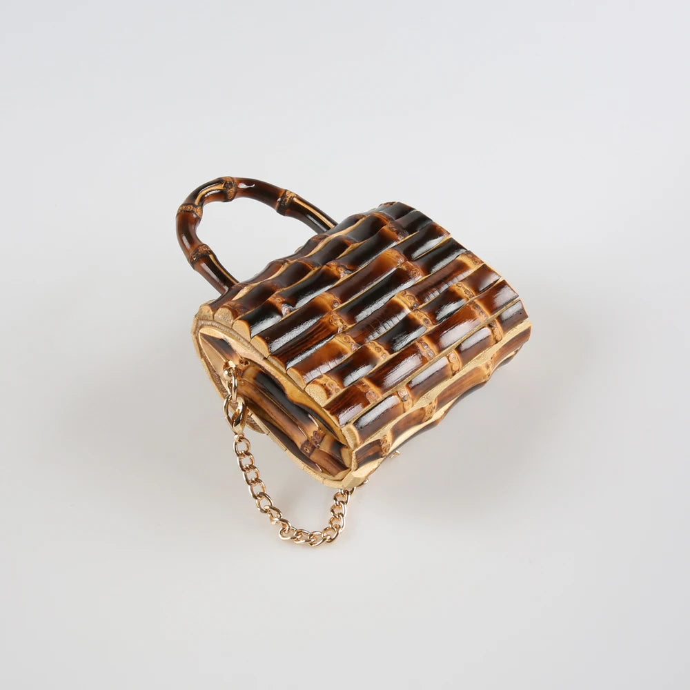 Corrente longa exclusiva artesanal de madeira natural rattan palha alça de raiz de bambu pequena mini bolsa de ombro mensageiro de corpo cruzado