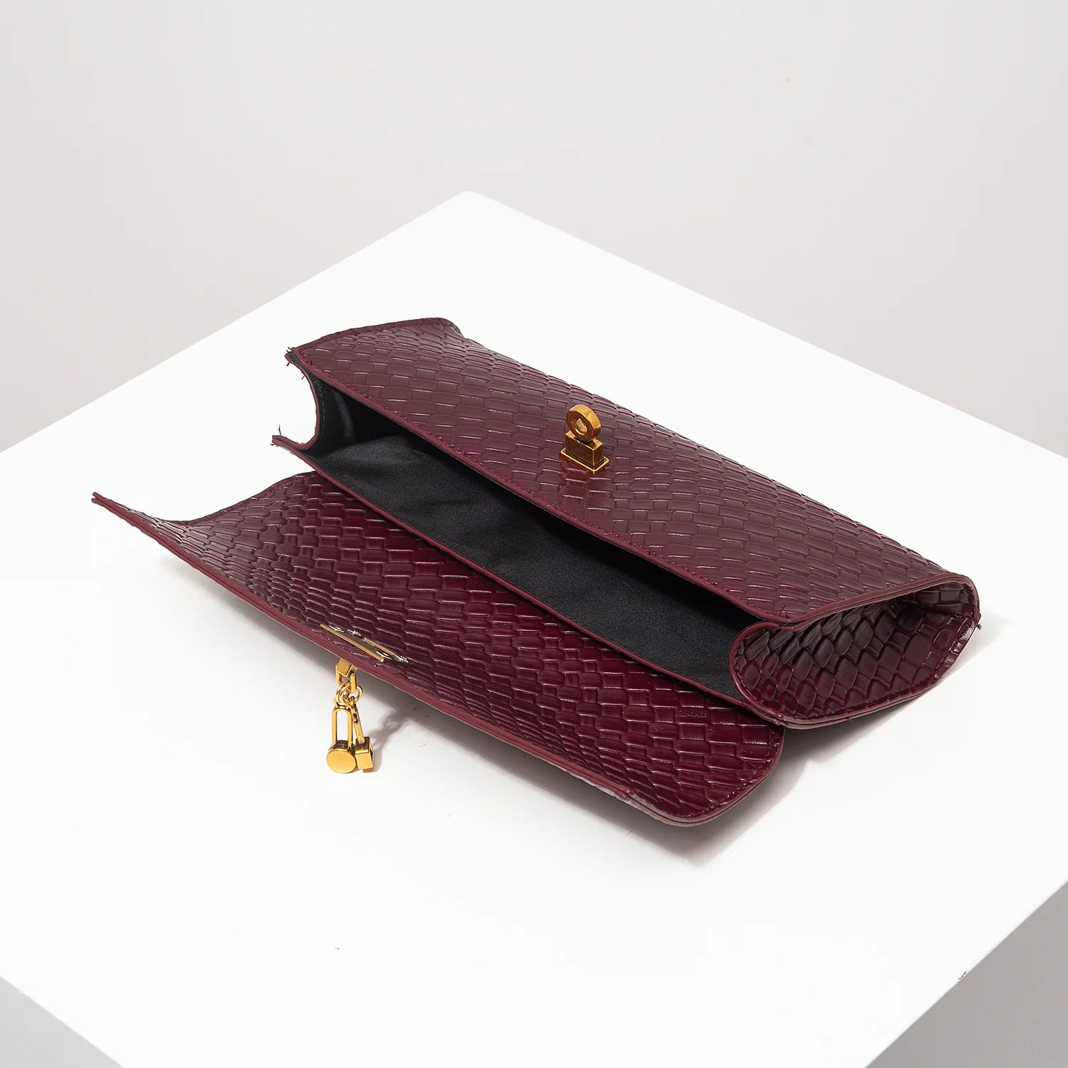 Baguette tecido de couro artificial retrô, embreagem feminina flip, bolsa de noite elegante, carteira borgonha, festa de vestido feminino, item de casamento (padrão aleatório)