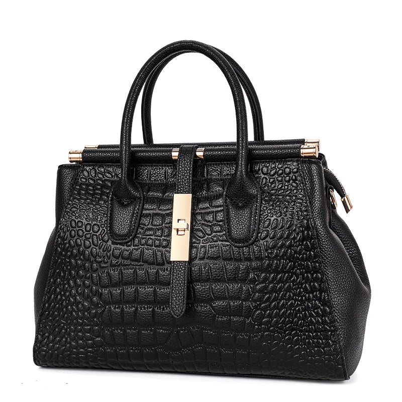 Bolsa feminina de couro genuíno Aidrani, bolsa de couro de vaca com padrão de crocodilo de grande capacidade, preta