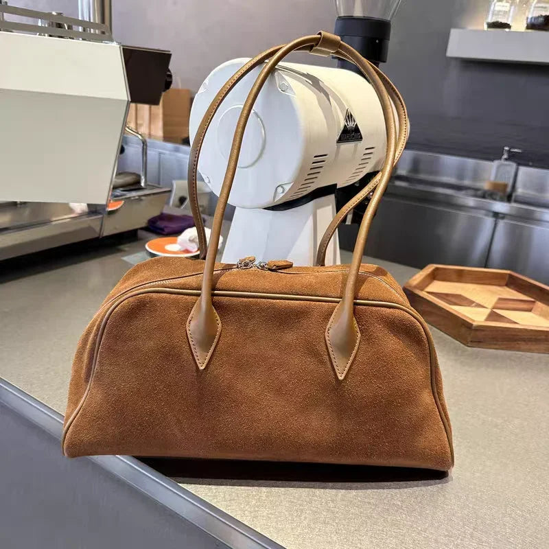 Camurça de couro grande capacidade boston axilas senhoras saco marrom moda feminina commuter boliche fosco bolsa ombro café vermelho