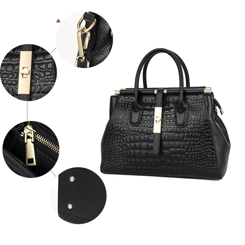 Bolsa feminina de couro genuíno Aidrani, bolsa de couro de vaca com padrão de crocodilo de grande capacidade, preta