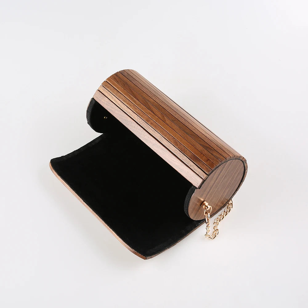 Bolsa de ombro de madeira artesanal de noz vintage, Saco transversal do telefone do corpo, Cilindro Circular, Messenger Bag