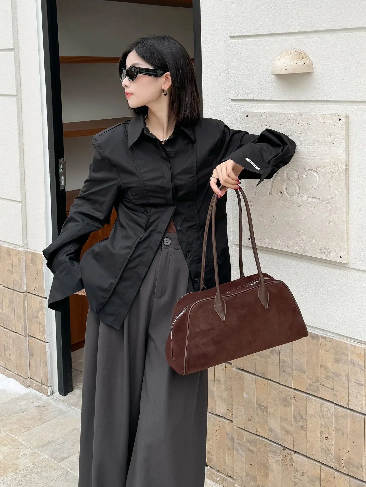 Camurça de couro grande capacidade boston axilas senhoras saco marrom moda feminina commuter boliche fosco bolsa ombro café vermelho