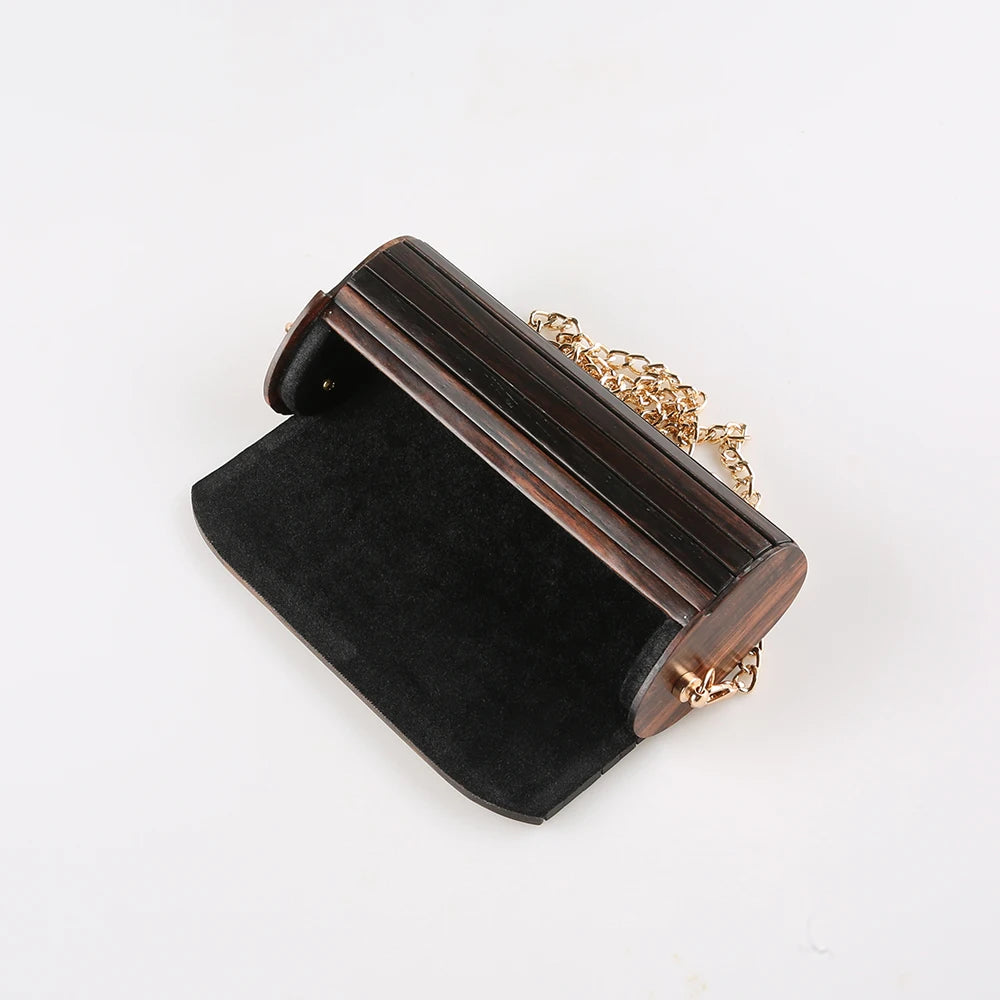 Mini bolsa de noite crossbody de madeira vintage, retro, original, artesanal, madeira preta dura de ébano, bolsa de ombro pequena