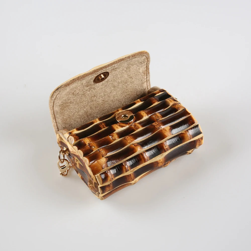 Corrente longa exclusiva artesanal de madeira natural rattan palha alça de raiz de bambu pequena mini bolsa de ombro mensageiro de corpo cruzado