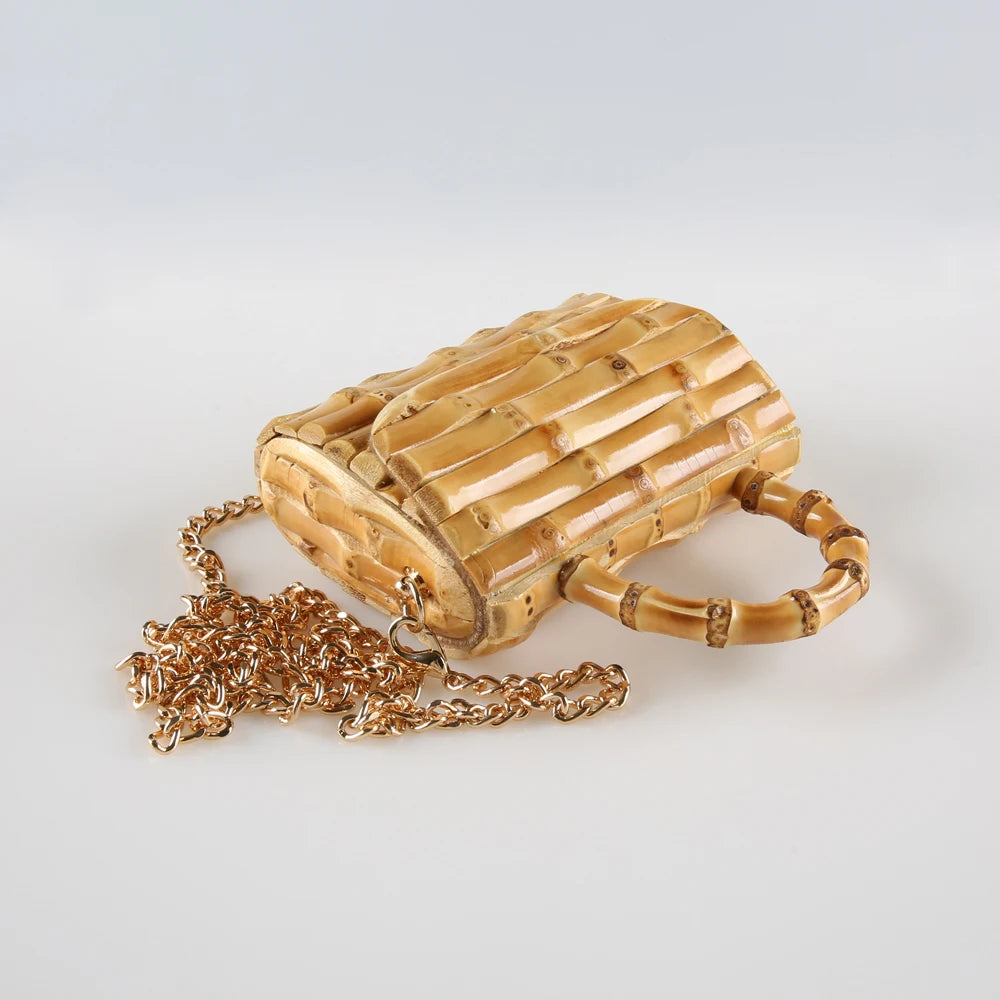 Corrente longa exclusiva artesanal de madeira natural rattan palha alça de raiz de bambu pequena mini bolsa de ombro mensageiro de corpo cruzado