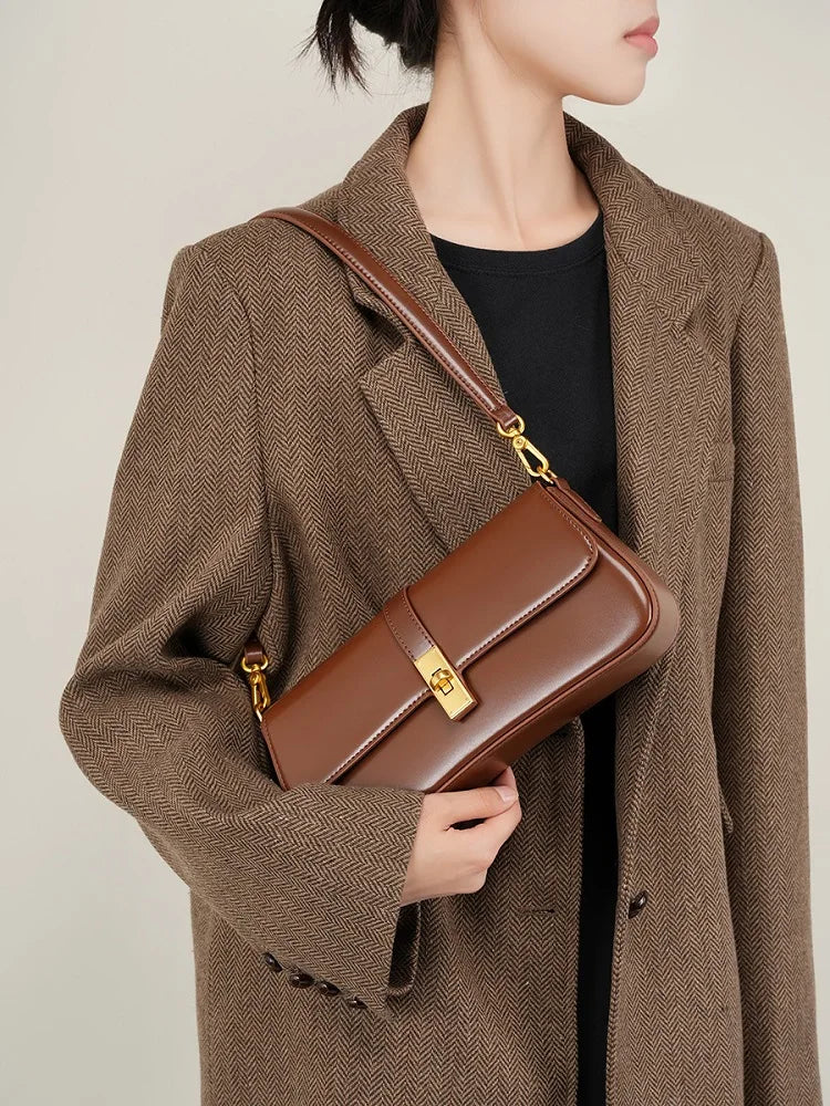 Mulheres de couro genuíno baguette bolsa ombro luxo cor sólida bolsa axilas saco moda senhoras saco compras presente