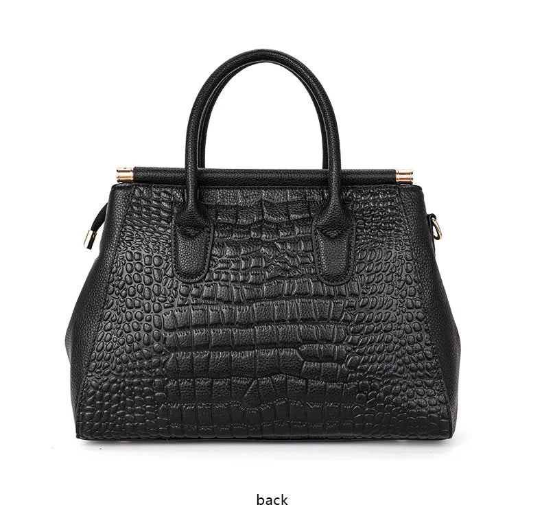 Bolsa feminina de couro genuíno Aidrani, bolsa de couro de vaca com padrão de crocodilo de grande capacidade, preta