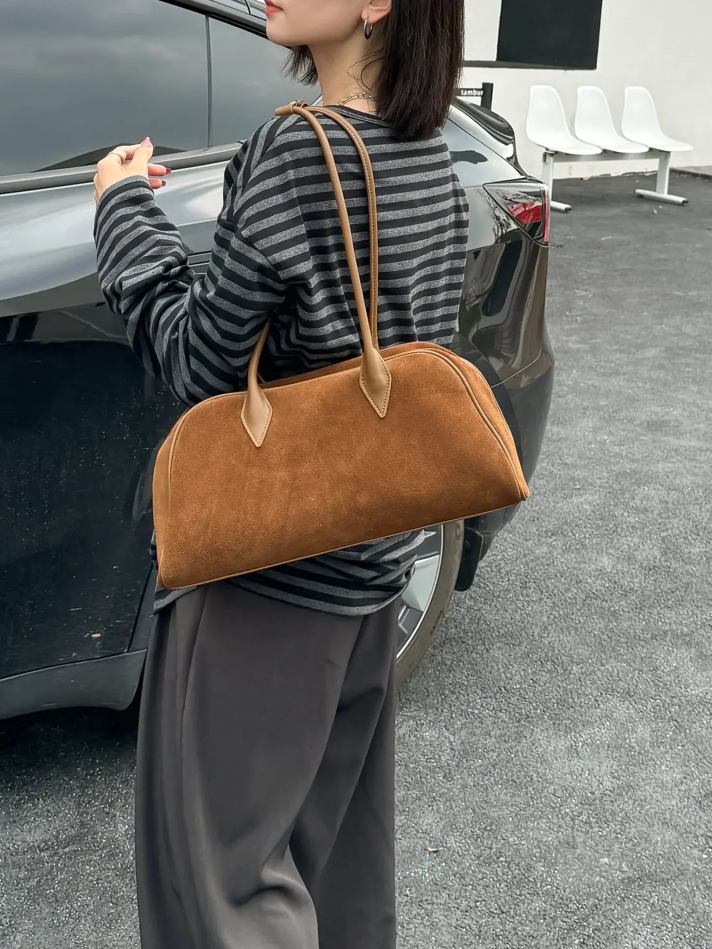 Camurça de couro grande capacidade boston axilas senhoras saco marrom moda feminina commuter boliche fosco bolsa ombro café vermelho