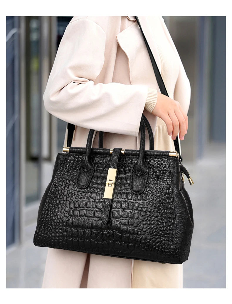 Bolsa feminina de couro genuíno Aidrani, bolsa de couro de vaca com padrão de crocodilo de grande capacidade, preta