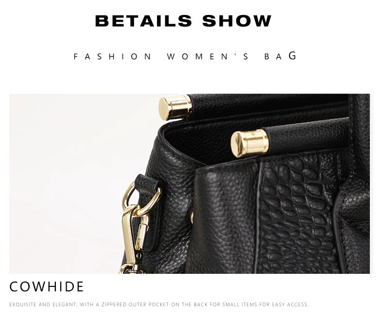 Bolsa feminina de couro genuíno Aidrani, bolsa de couro de vaca com padrão de crocodilo de grande capacidade, preta