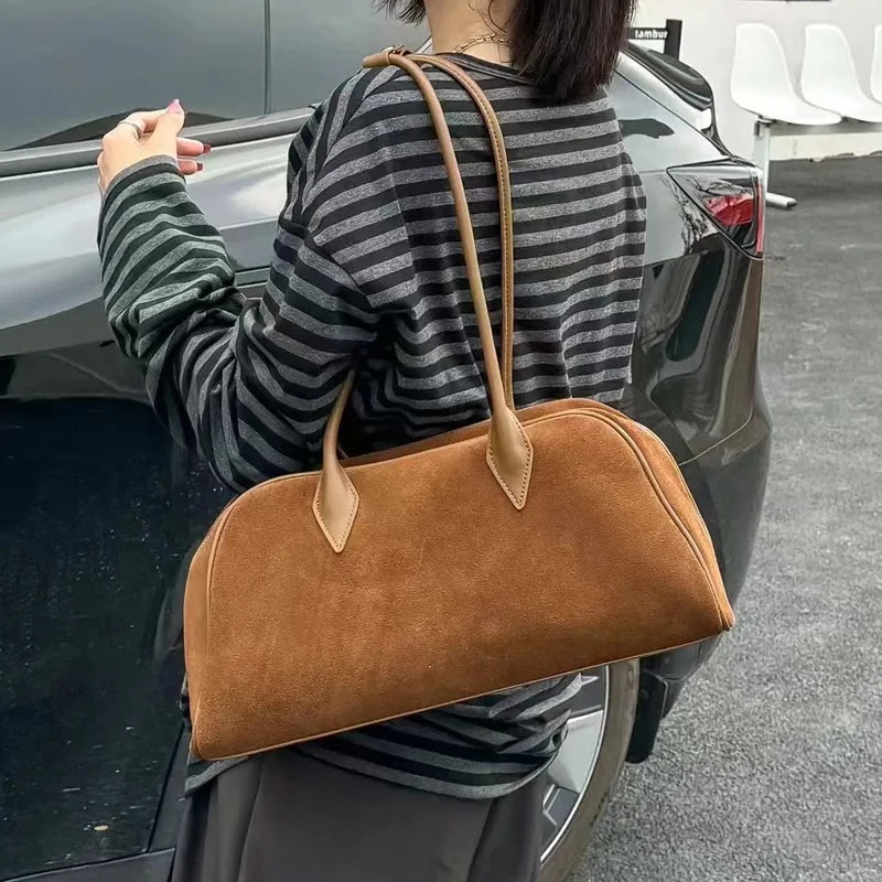 Camurça de couro grande capacidade boston axilas senhoras saco marrom moda feminina commuter boliche fosco bolsa ombro café vermelho