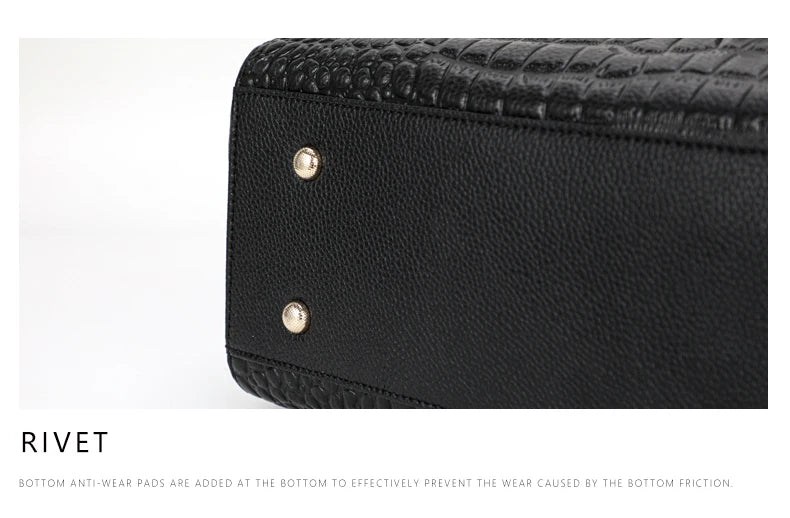 Bolsa feminina de couro genuíno Aidrani, bolsa de couro de vaca com padrão de crocodilo de grande capacidade, preta