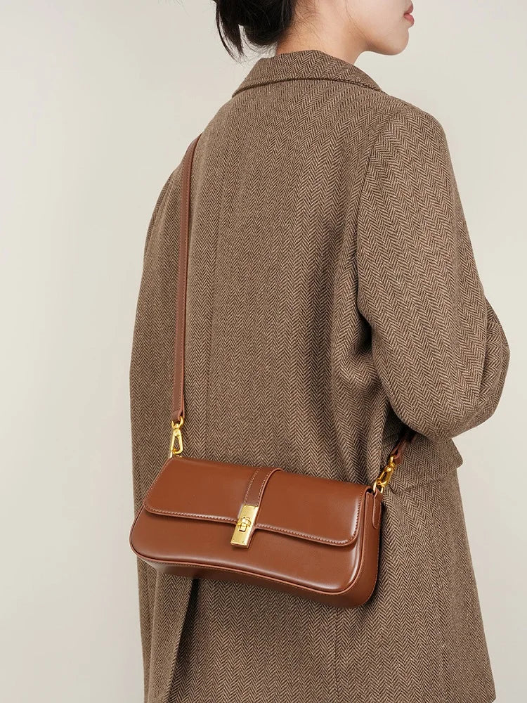 Mulheres de couro genuíno baguette bolsa ombro luxo cor sólida bolsa axilas saco moda senhoras saco compras presente