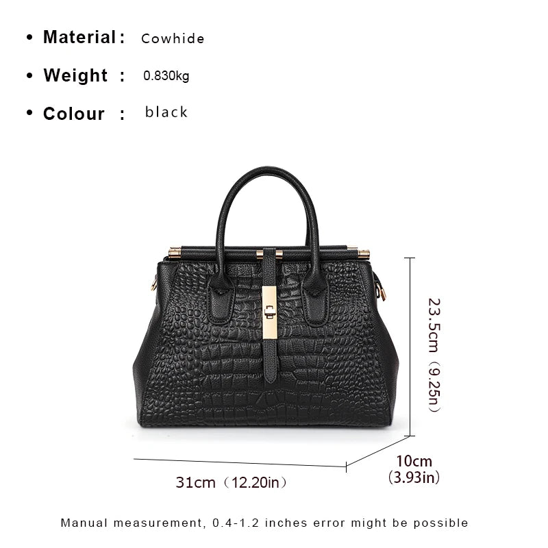 Bolsa feminina de couro genuíno Aidrani, bolsa de couro de vaca com padrão de crocodilo de grande capacidade, preta
