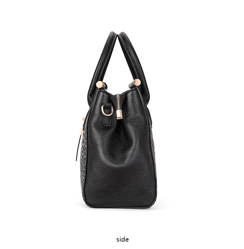 Bolsa feminina de couro genuíno Aidrani, bolsa de couro de vaca com padrão de crocodilo de grande capacidade, preta