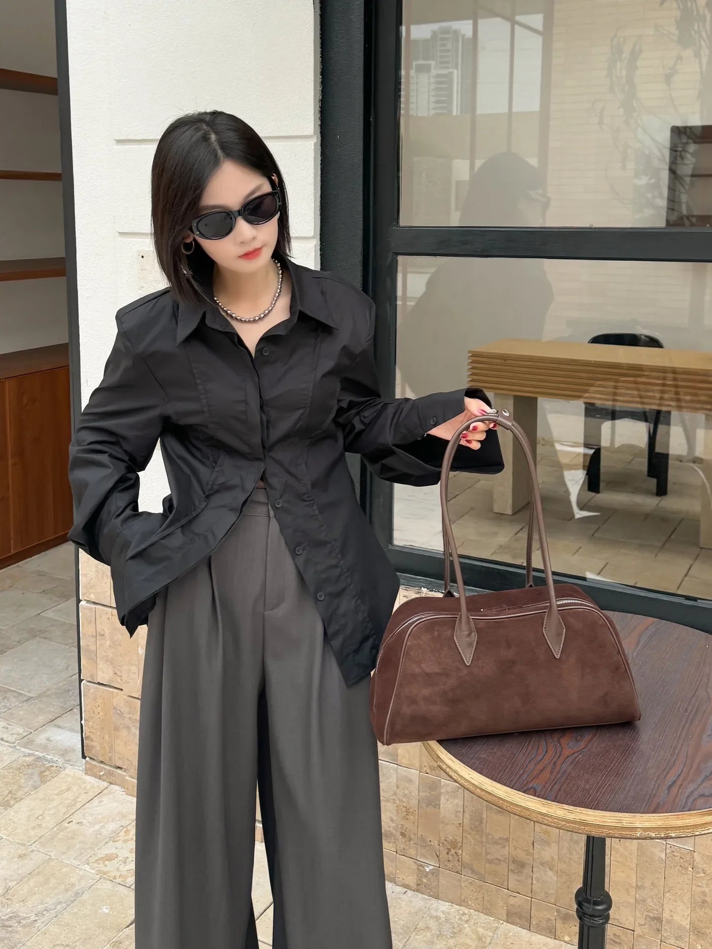 Camurça de couro grande capacidade boston axilas senhoras saco marrom moda feminina commuter boliche fosco bolsa ombro café vermelho