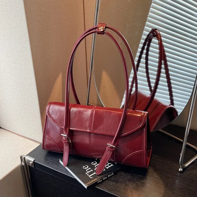 Retro cera de óleo couro bolsa ombro para as mulheres 2025 inverno y2k tendência cor sólida borgonha axilas bolsa feminina bolsas tote