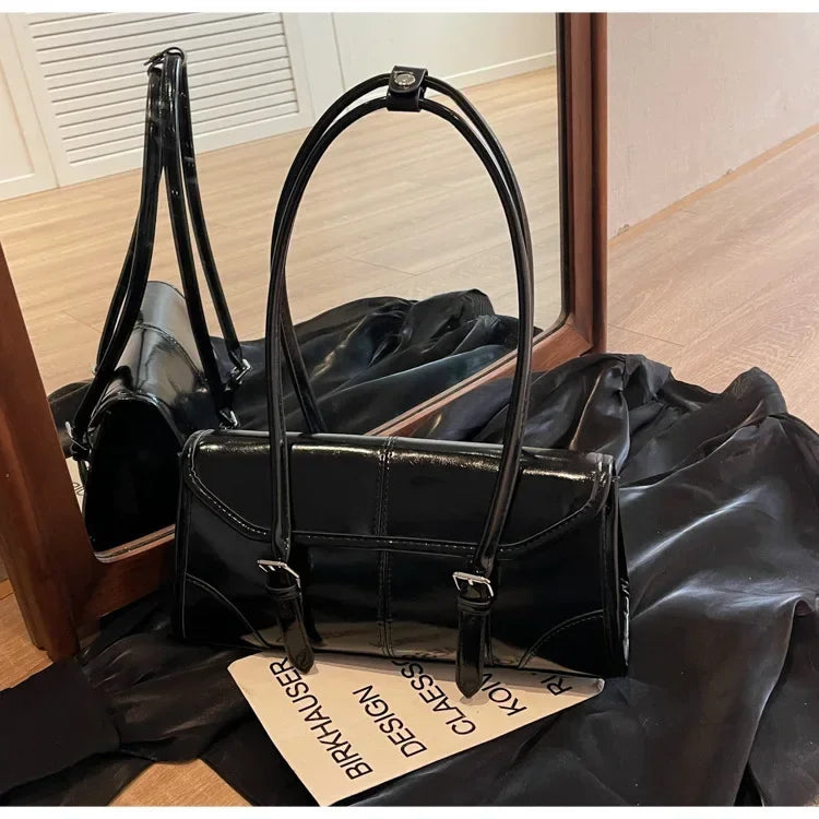 Retro cera de óleo couro bolsa ombro para as mulheres 2025 inverno y2k tendência cor sólida borgonha axilas bolsa feminina bolsas tote