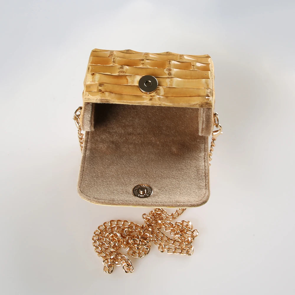 Corrente longa exclusiva artesanal de madeira natural rattan palha alça de raiz de bambu pequena mini bolsa de ombro mensageiro de corpo cruzado