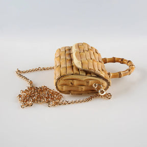 Corrente longa exclusiva artesanal de madeira natural rattan palha alça de raiz de bambu pequena mini bolsa de ombro mensageiro de corpo cruzado