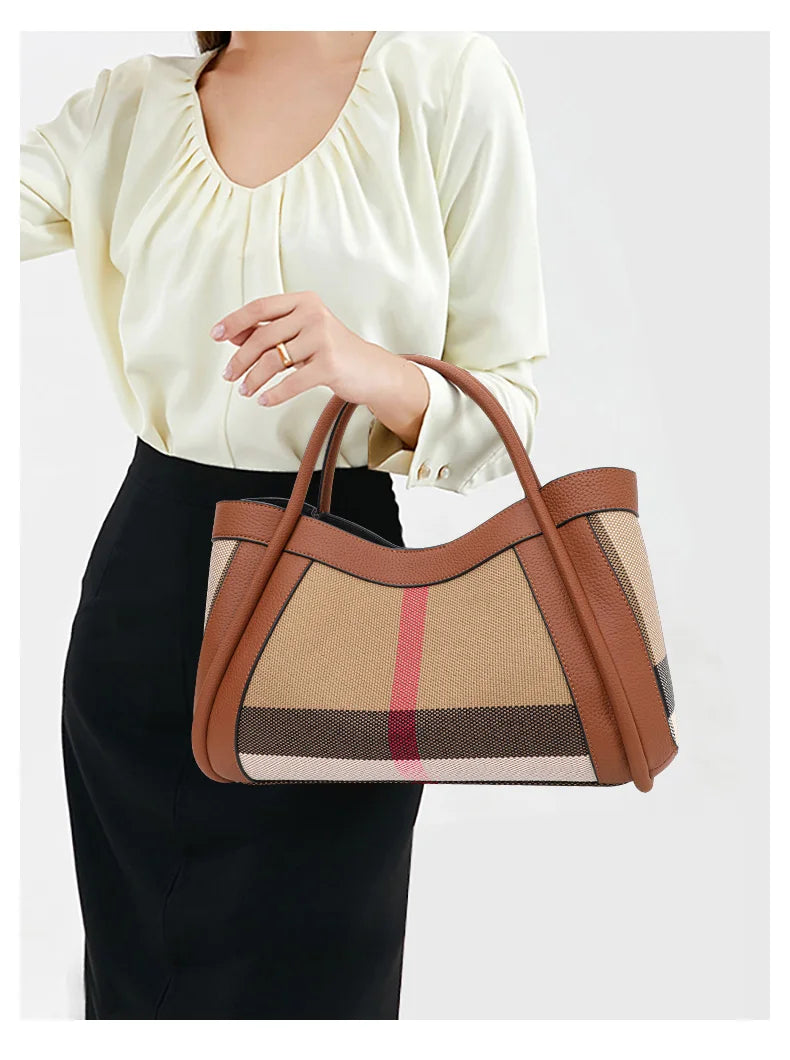Aidrani 2025 Nova bolsa feminina retrô xadrez, bolsa de luxo de grande capacidade, bolsa de couro genuíno de lona