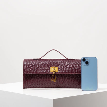 Baguette tecido de couro artificial retrô, embreagem feminina flip, bolsa de noite elegante, carteira borgonha, festa de vestido feminino, item de casamento (padrão aleatório)