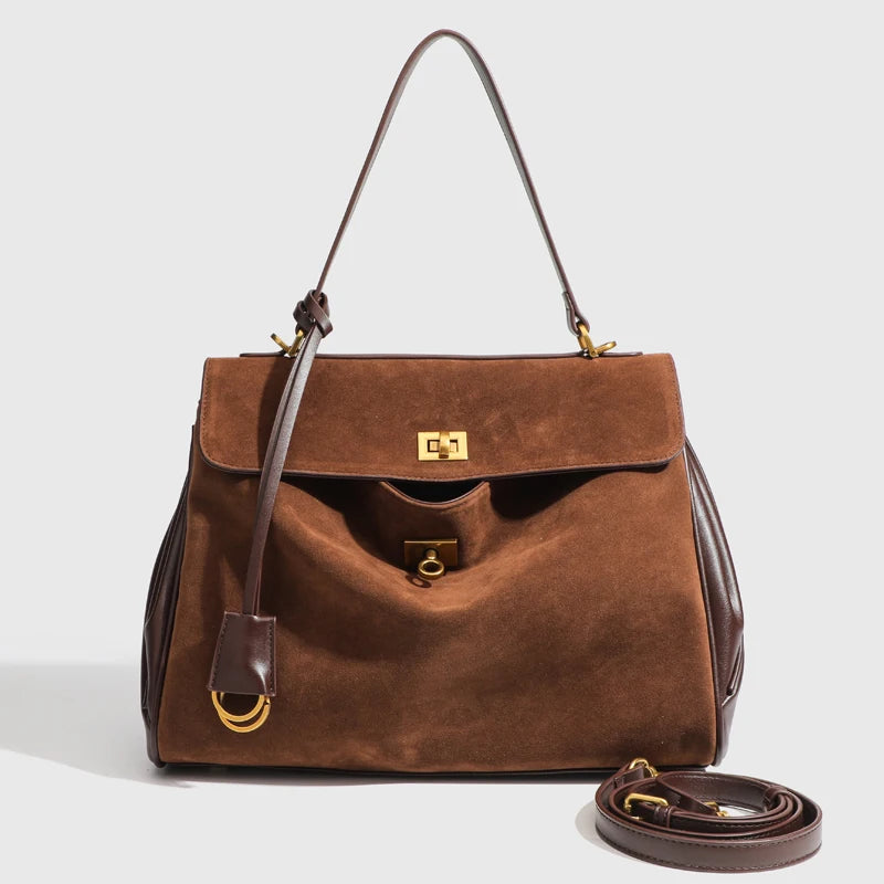 Sacolas de camurça sintética vintage para mulheres bolsas de designer de luxo e bolsas 2024 novo em bloqueio decoração grande capacidade alça superior nas axilas bolsa de ombro alta qualidade Frete grátis