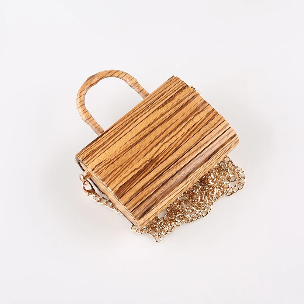 Vintage Zebra Wood Mini Crossbody Bag, Bolsa De Madeira Artesanal, Bolsa Pequena, Mensageiro De Ombro, Saco De Noite