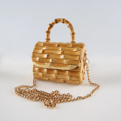 Corrente longa exclusiva artesanal de madeira natural rattan palha alça de raiz de bambu pequena mini bolsa de ombro mensageiro de corpo cruzado