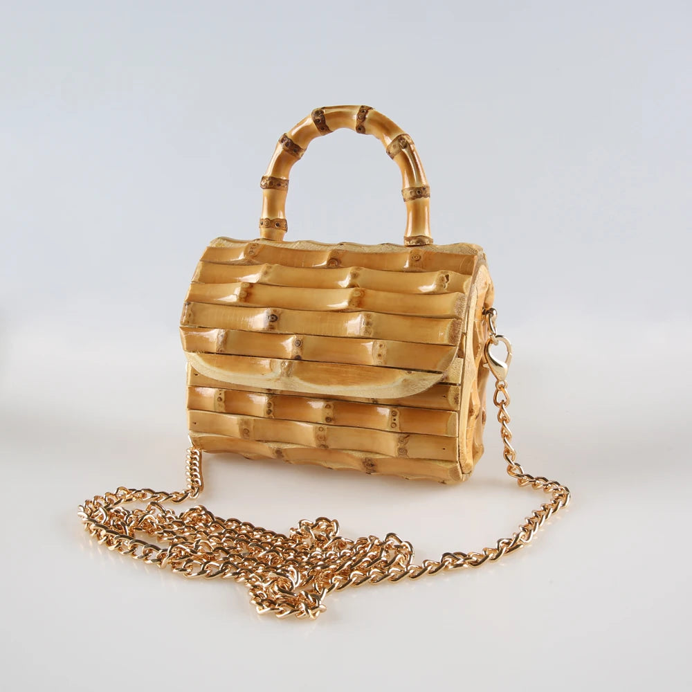 Corrente longa exclusiva artesanal de madeira natural rattan palha alça de raiz de bambu pequena mini bolsa de ombro mensageiro de corpo cruzado