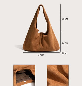 Bolsa feminina de camurça falsa, grande capacidade, design de veludo, hobos, bolsa de ombro, commuter, bolsa tote grande, marrom