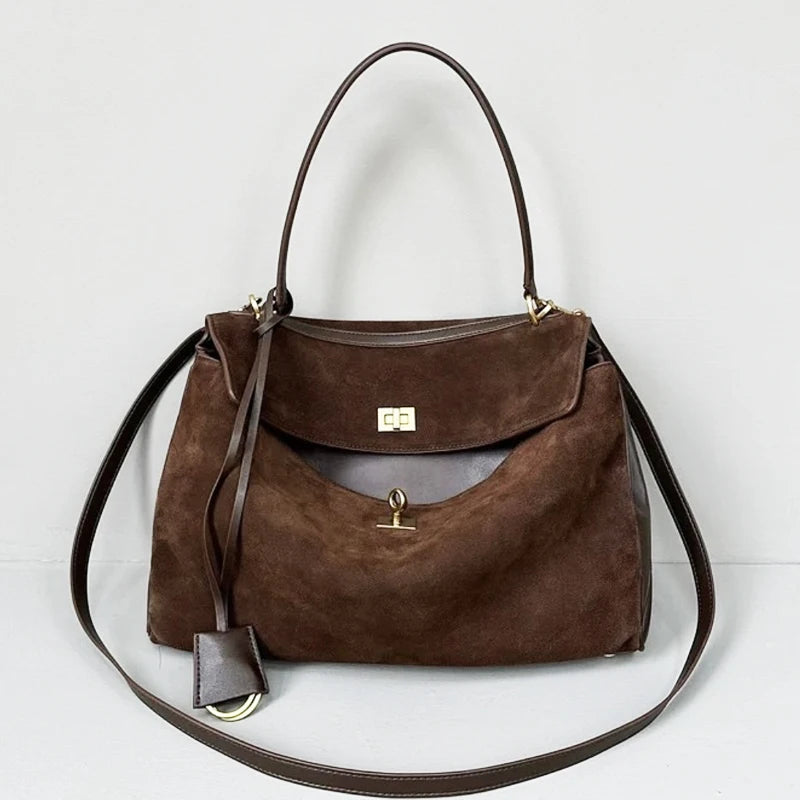 Sacolas de camurça sintética vintage para mulheres bolsas de designer de luxo e bolsas 2024 novo em bloqueio decoração grande capacidade alça superior nas axilas bolsa de ombro alta qualidade Frete grátis
