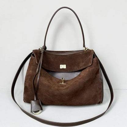 Sacolas de camurça sintética vintage para mulheres bolsas de designer de luxo e bolsas 2024 novo em bloqueio decoração grande capacidade alça superior nas axilas bolsa de ombro alta qualidade Frete grátis