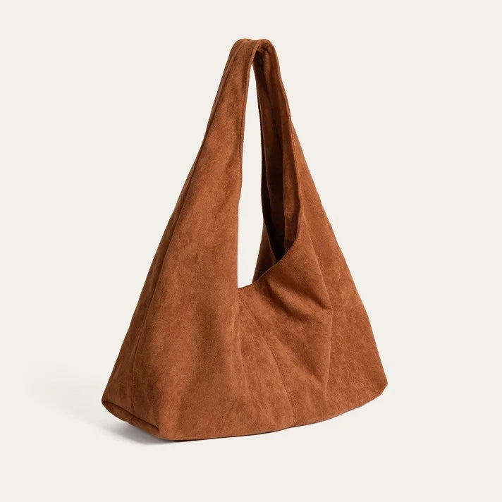 Bolsa feminina de camurça falsa, grande capacidade, design de veludo, hobos, bolsa de ombro, commuter, bolsa tote grande, marrom